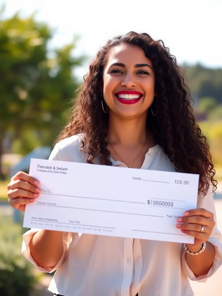 A person happily receiving a large check, symbolizing the successful acquisition of funding for their business venture.