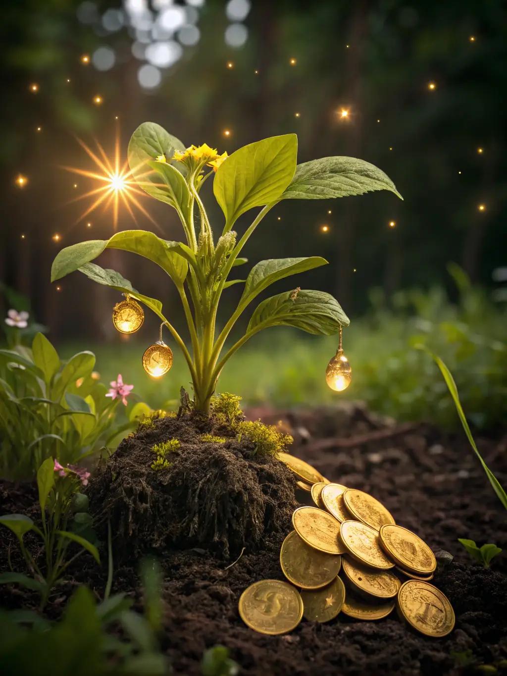 A digital illustration of a growing plant with coins as soil, symbolizing the growth and investment potential of microloans for small businesses.