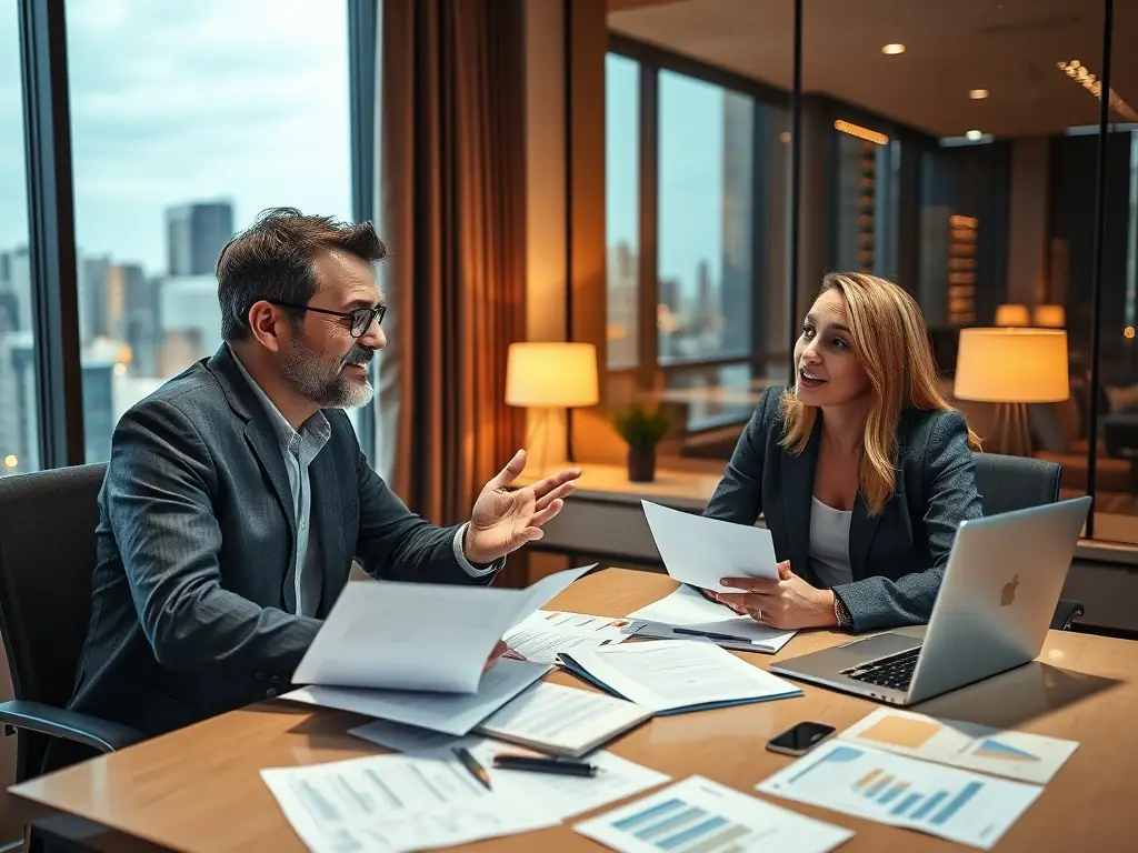 An image depicting a consultant reviewing financial documents with a small business owner in a modern office setting, emphasizing collaboration and expertise.
