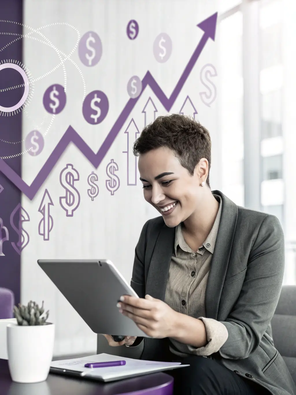 A professional headshot of a young entrepreneur smiling confidently while reviewing financial documents in a modern office setting, symbolizing the initial steps of securing funding.