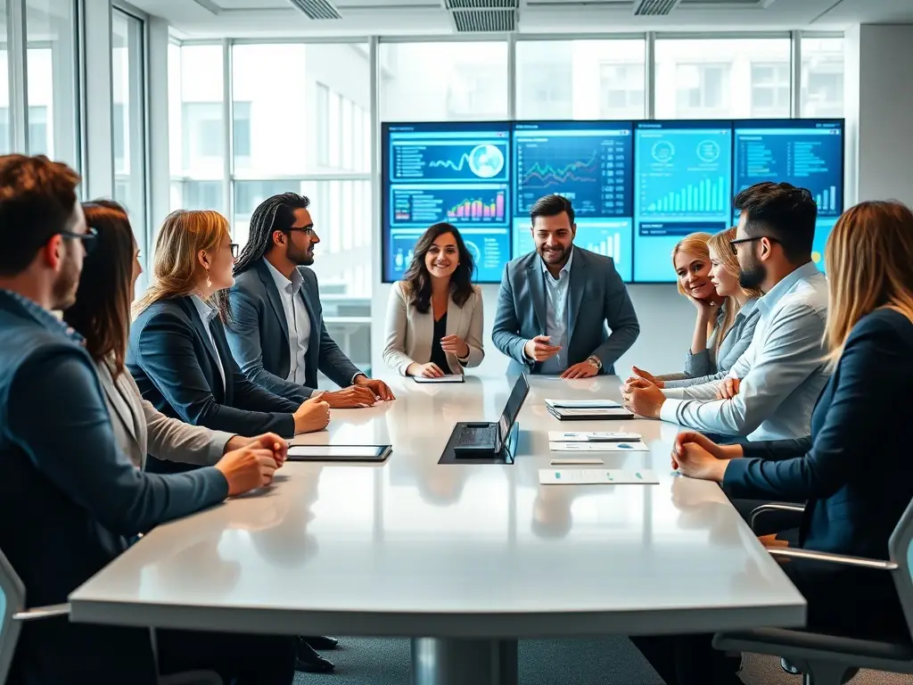 A diverse team collaborating in a modern office, brainstorming and strategizing, with a focus on financial planning and growth opportunities.