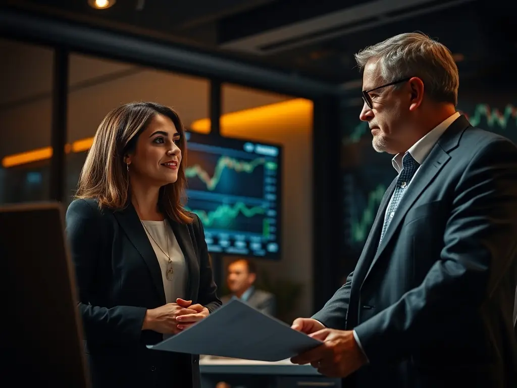 A professional setting with a financial advisor presenting loan options to a small business owner, emphasizing personalized service and a variety of funding solutions.