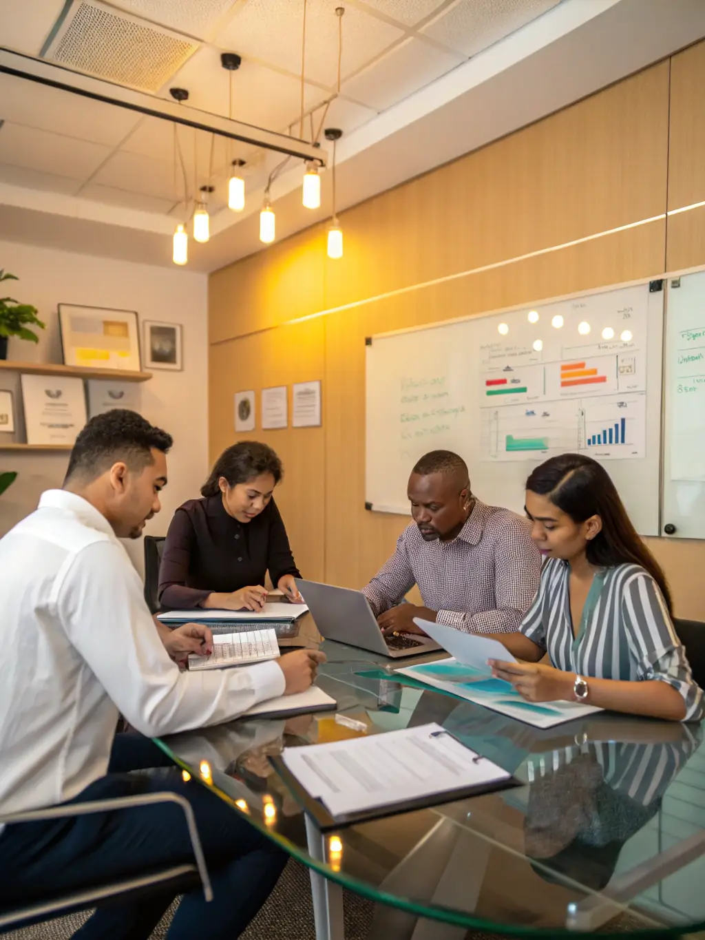 An image of a diverse group of people collaborating around a table, brainstorming and planning, with financial charts visible in the background, representing community and support.