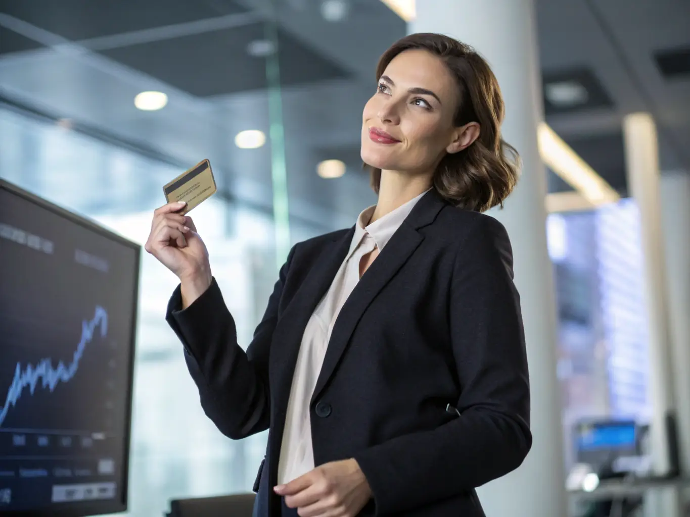 A businesswoman confidently using a credit card at her office desk, representing the ease and flexibility of business credit cards for managing expenses.