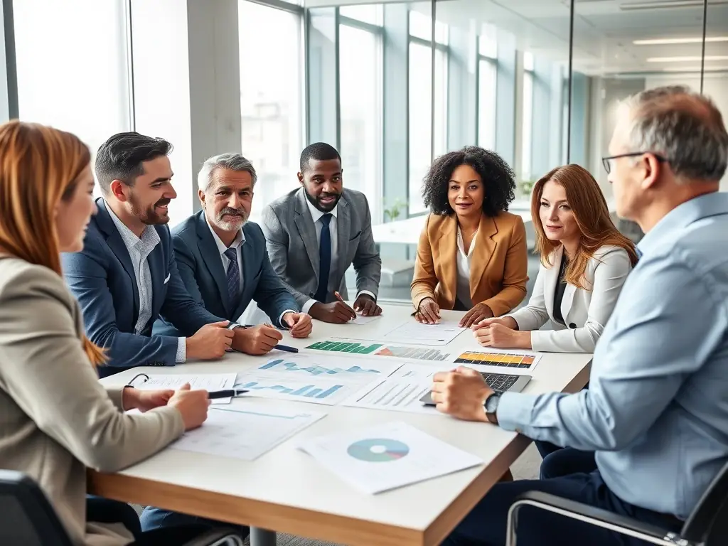 A diverse team of financial advisors collaborating on a funding strategy in a bright, open office space, representing expert guidance and personalized solutions.